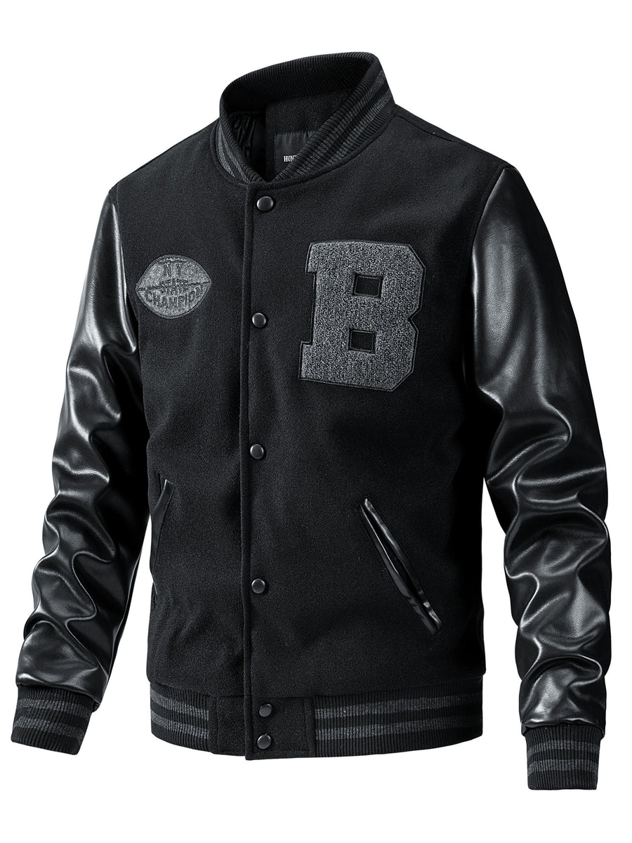 Men'S Winter Jacket, Trendy American Baseball Coat for Autumn And Winter, Casual Embroidered Plus-Size Outerwear with PU Sleeves, Windproof Men'S Jacket - Black