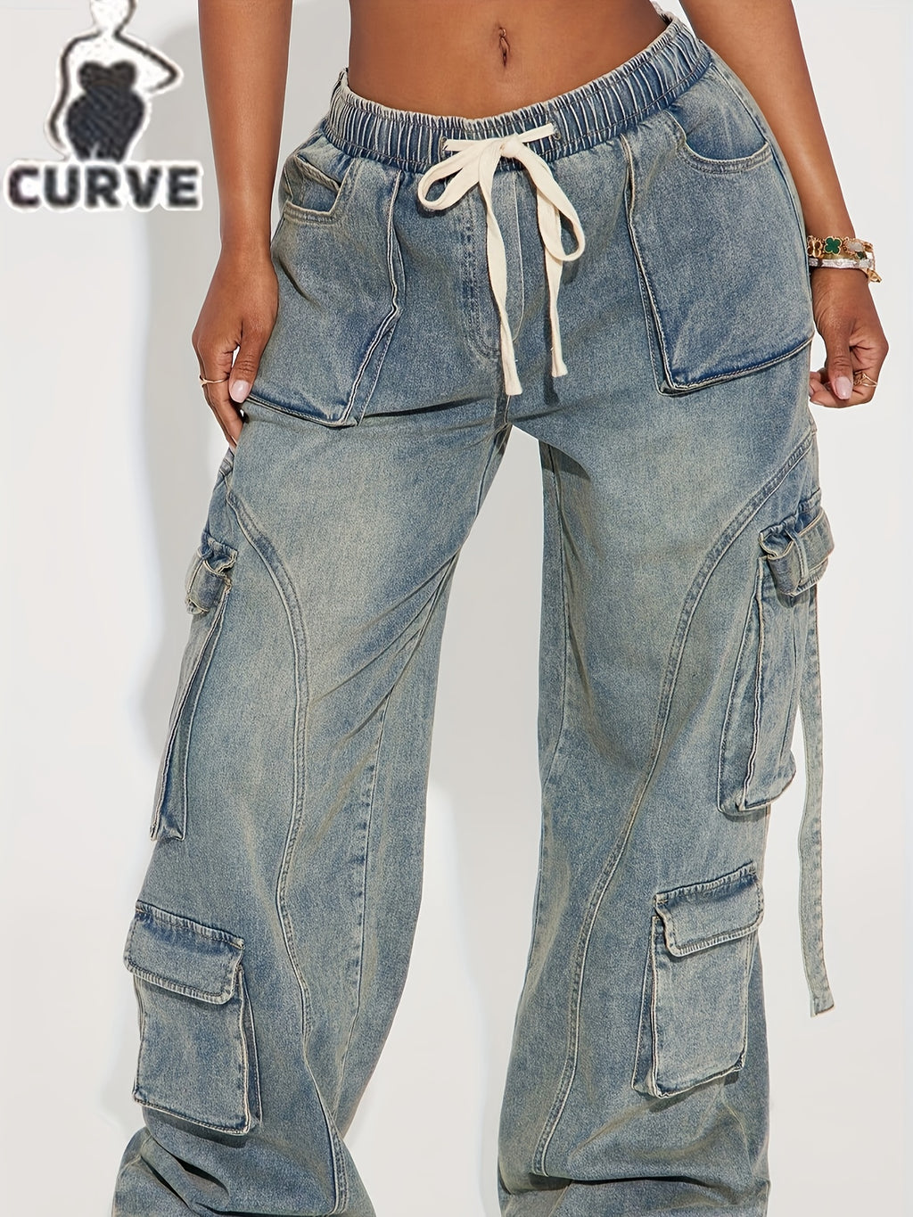 Women's Plus Size Washed Denim Elastic Waist Stretch Cargo Pants - Medium Blue