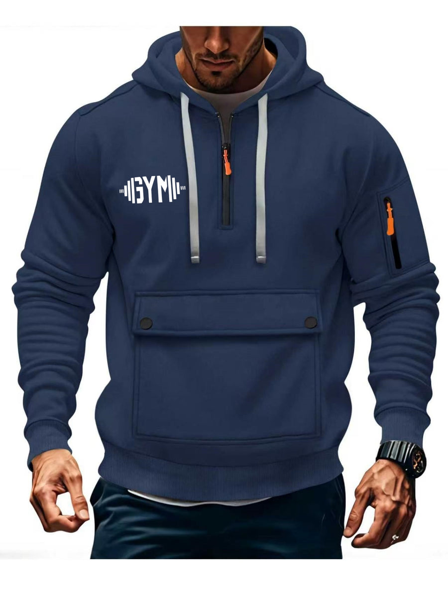 American-style Casual Men's Pullover Hoodie with Half-zipper Neckline, Utility-style Multi-pocket Design, "GYM" Fitness Letter Print, Simple, Stylish, and Versatile Long-sleeve Sweatshirt - Navy Color