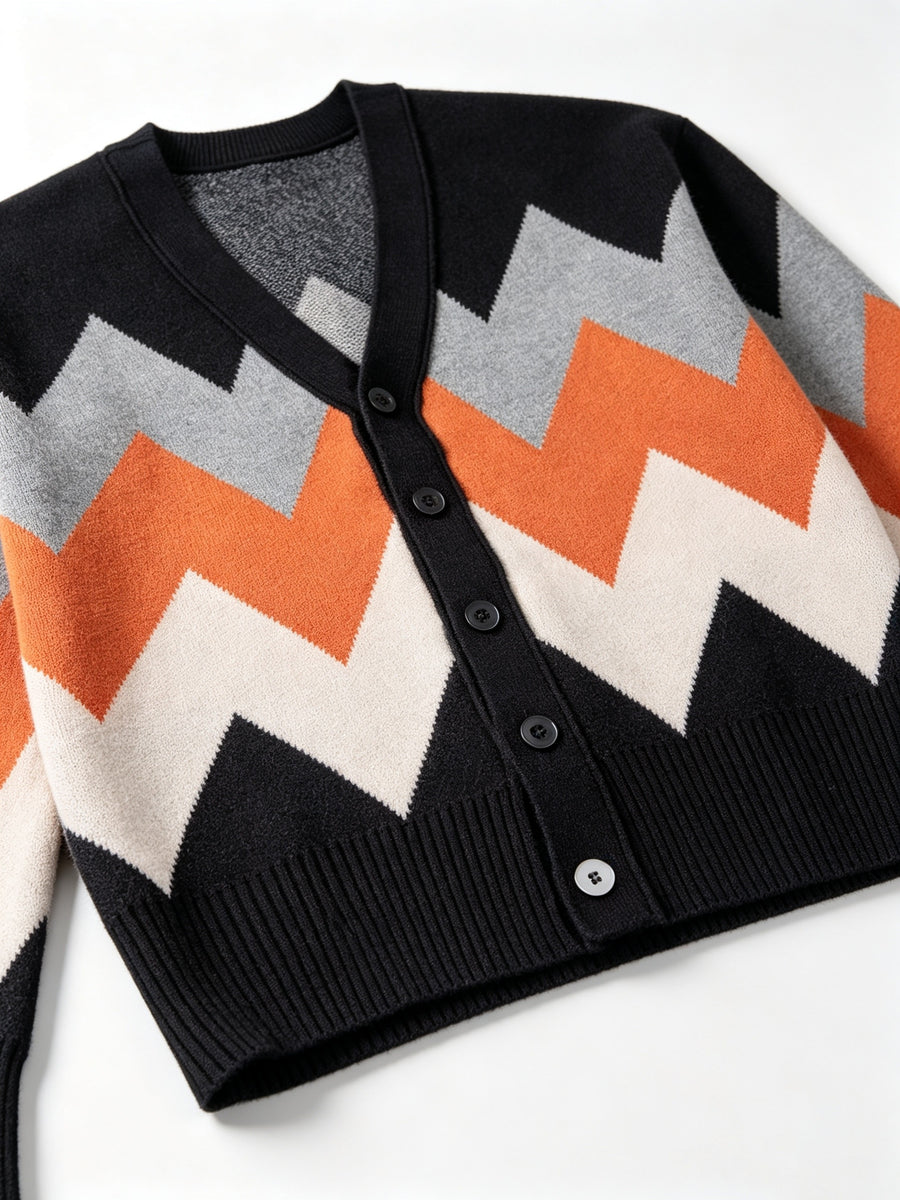 Trendy Geometric Ripple Jacquard V-Neck Knit Sweater Cardigan, Layered Contrast Color Wave Pattern Pullover Cardigan, Men's Casual Layering Button-Up Cardigan Sweater - Black