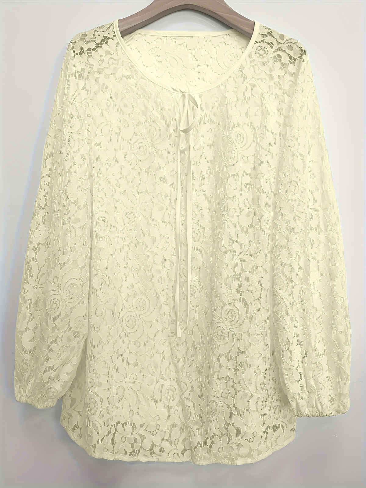 Ladies' clothing, casual fashion, elegant, transparent, solid color long sleeved, lace, solid color shirt - Apricot