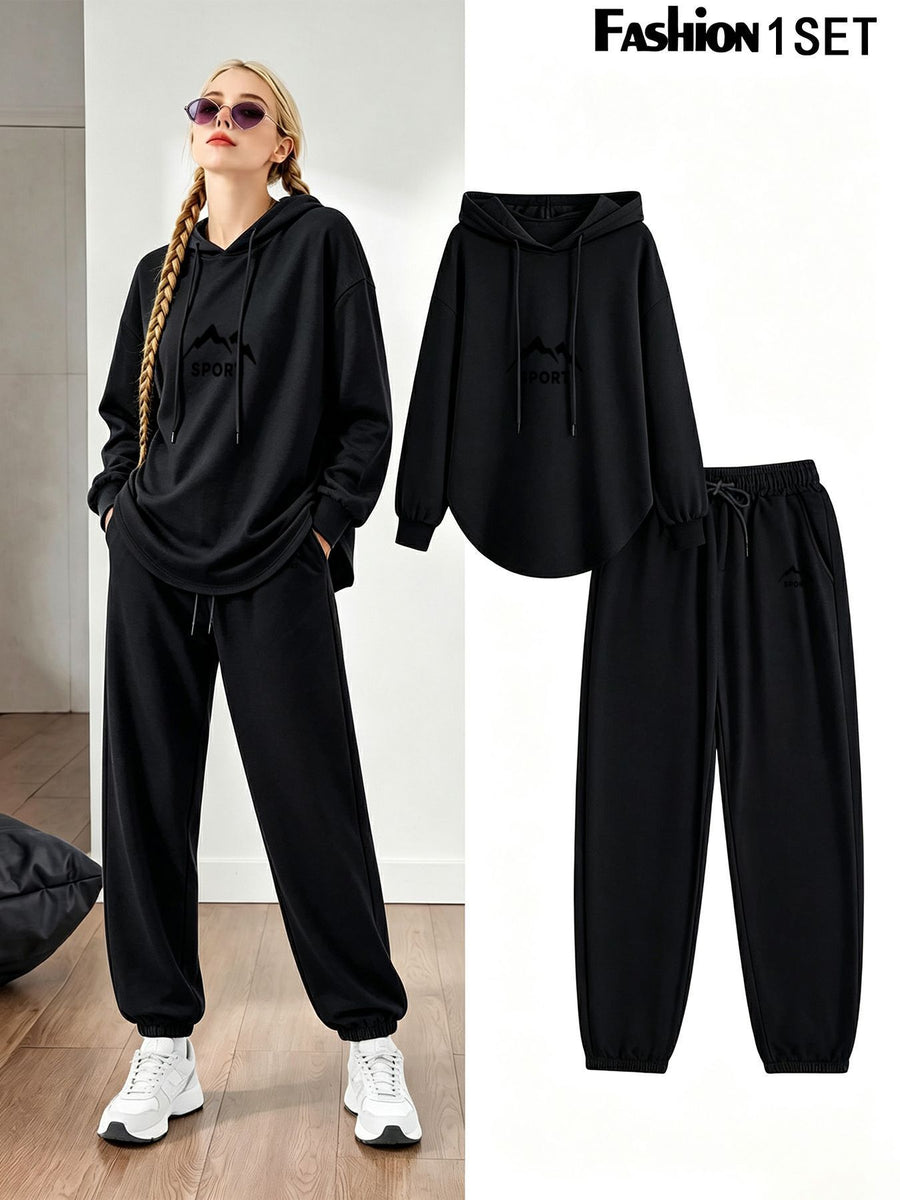 Women's Mountain Print Hoodie and Sweatpants Set - Casual Long Sleeve Pullover with Drawstring Joggers, Comfortable 2pcs Tracksuit Outfit for Sport, Yoga, Workout, Loungewear, Running, Travel, and Daily Wear - Black