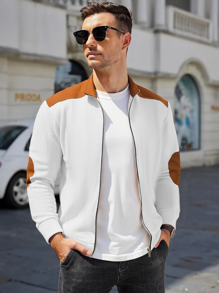 Men'S Casual Jacket, Stylish And Versatile, Spring And Autumn Windbreaker for Men, Featuring a Color-Block Design, Suitable for Dry Cleaning - Perfect for Everyday Wear And Outdoor Commuting - White