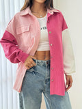 Women's Casual Oversized Color Block Long Sleeve Jacket with Square Neck, Woven Polyester, Solid Color, Pocket Detail - All Seasons - Mixed colors