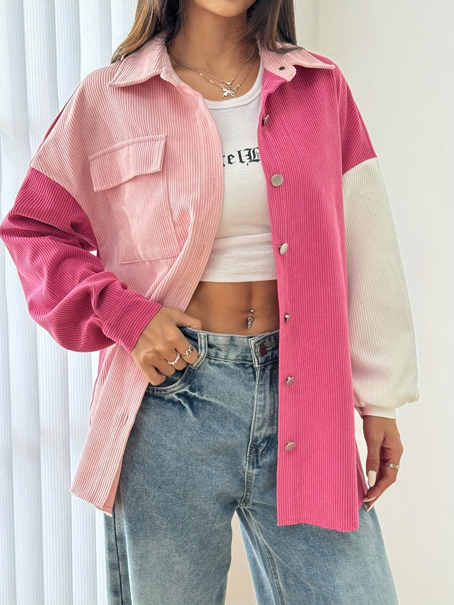 Women's Casual Oversized Color Block Long Sleeve Jacket with Square Neck, Woven Polyester, Solid Color, Pocket Detail - All Seasons - Mixed colors