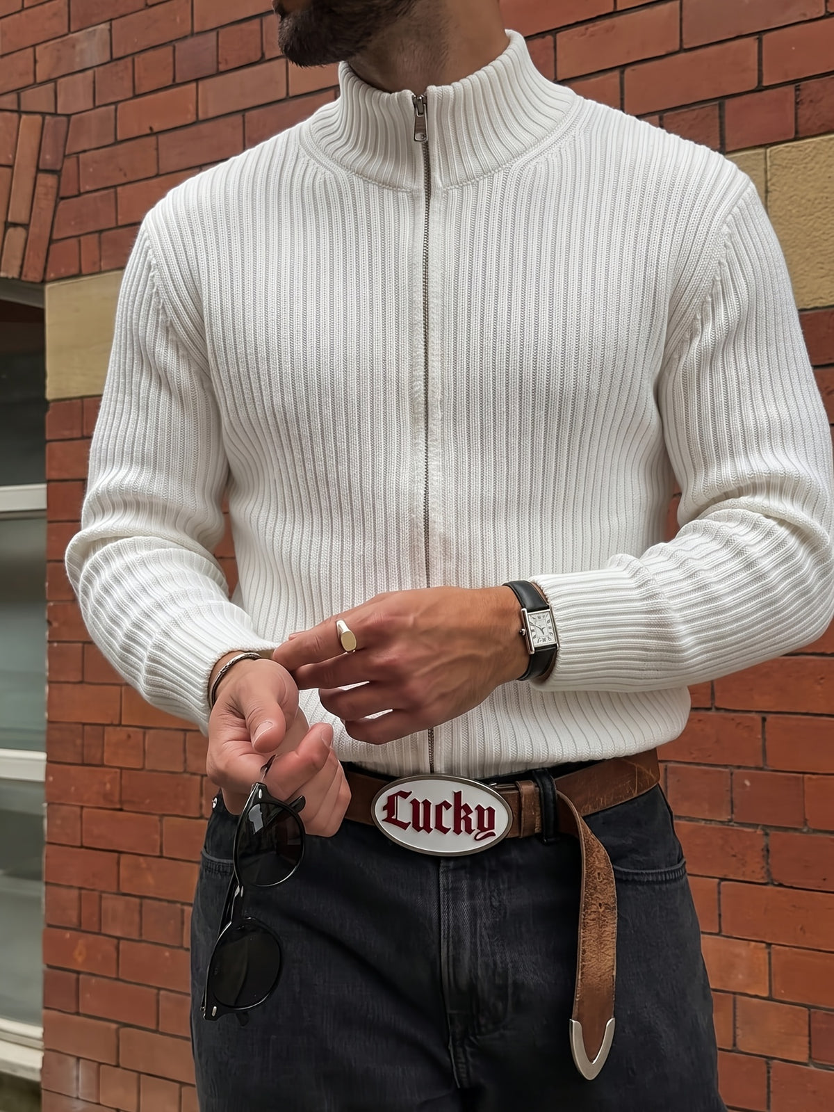Autumn/Winter Style Men's and Women's Casual Versatile Simple Fashionable Temperament Stand Collar Ribbed Zipper Long Sleeve Outerwear Lapel Fabric Knit Cardigan Sweater - White