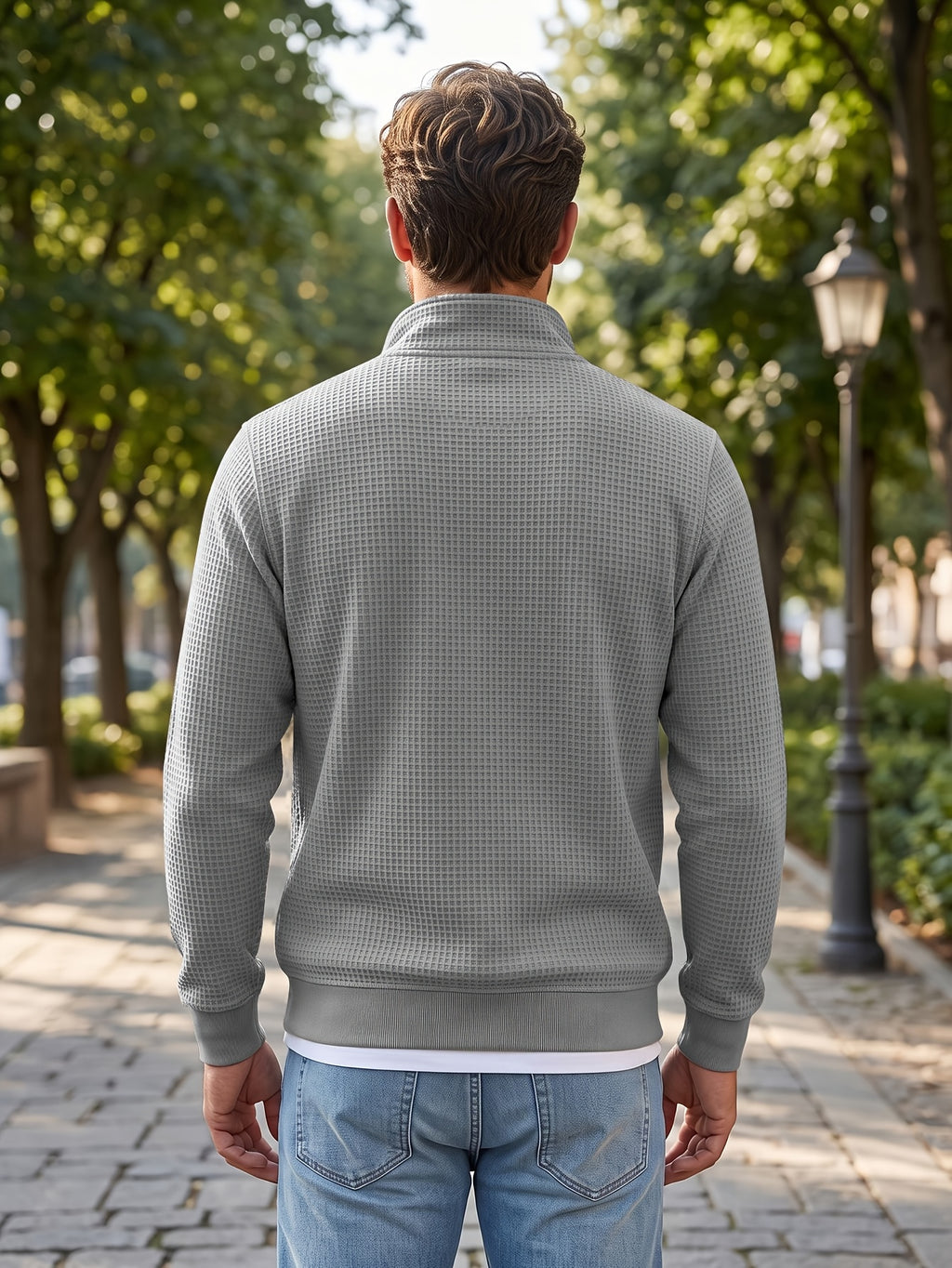 Men's Casual Half-Zip Sweatshirt, Waffle Knit Fabric, Comfortable and Breathable, Versatile for Spring and Autumn, Suitable for Outings and Vacations, an Essential for Daily Wear - Light Grey