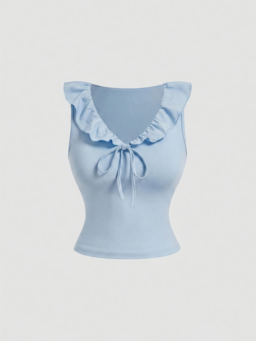 DJ260329505 Women's Elegant Top, French-Style Vintage Red Ruffle Tie-Back Vest T-Shirt, Slim Fit with Waist Cinching, Full of Pure Desire and Spicy Style, Brightens Light Beige and Enhances Temperament, Versatile for Daily Wear, Suitable for Dates - Powder blue