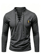 2026 New Men'S Stand Collar Cross-Strap Long Sleeve Shirt, Unique Cross-Strap Neckline Design Eye-Catching, Chest Repeating Letter Cartoon Print Trendy Individual, All-Season Wearable Inner Layer, Commute And Casual Versatile Top - Dark Gray