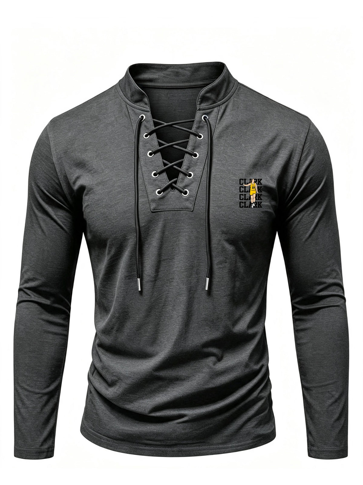 2026 New Men'S Stand Collar Cross-Strap Long Sleeve Shirt, Unique Cross-Strap Neckline Design Eye-Catching, Chest Repeating Letter Cartoon Print Trendy Individual, All-Season Wearable Inner Layer, Commute And Casual Versatile Top - Dark Gray