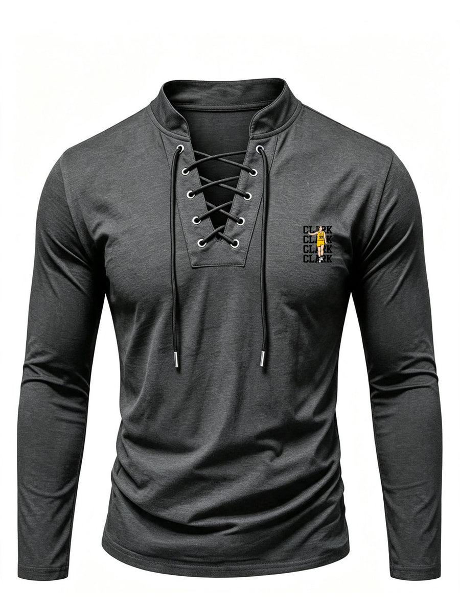 2026 New Men'S Stand Collar Cross-Strap Long Sleeve Shirt, Unique Cross-Strap Neckline Design Eye-Catching, Chest Repeating Letter Cartoon Print Trendy Individual, All-Season Wearable Inner Layer, Commute And Casual Versatile Top - Dark Gray
