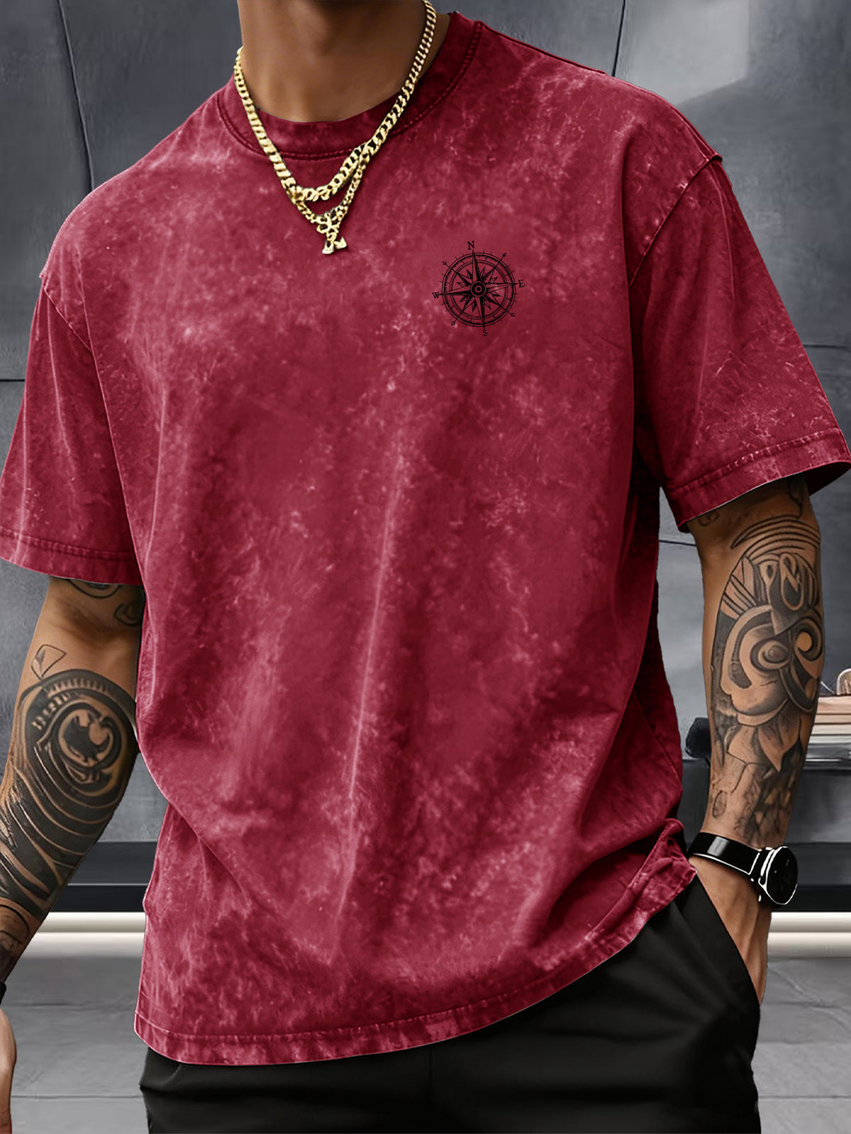 Short Sleeve Top, Washed Distressed Loose Round Neck T-Shirt, Double-Sided Compass And Needle Trendy Print, Casual Styling American Street High Street Hip-Hop Couple Style Daily Outing Commute Statement Sports Fitness All-Match Top - Burgundy