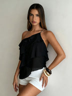 New Women's Spring/Summer Elegant Pink Chiffon One-Shoulder Spaghetti Strap Backless Layered Ruffle Top, Suitable for Weddings, Elegant and Romantic Valentine's Day Wedding Season - Black