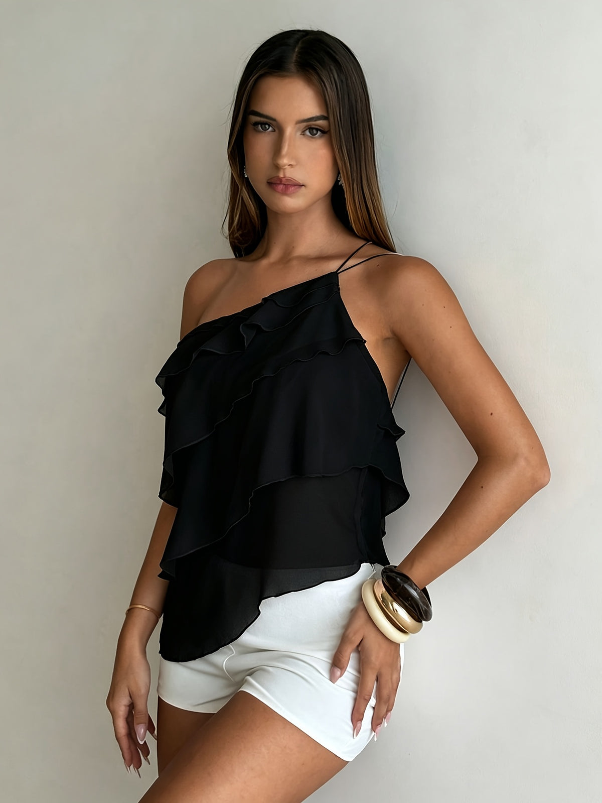 New Women's Spring/Summer Elegant Pink Chiffon One-Shoulder Spaghetti Strap Backless Layered Ruffle Top, Suitable for Weddings, Elegant and Romantic Valentine's Day Wedding Season - Black