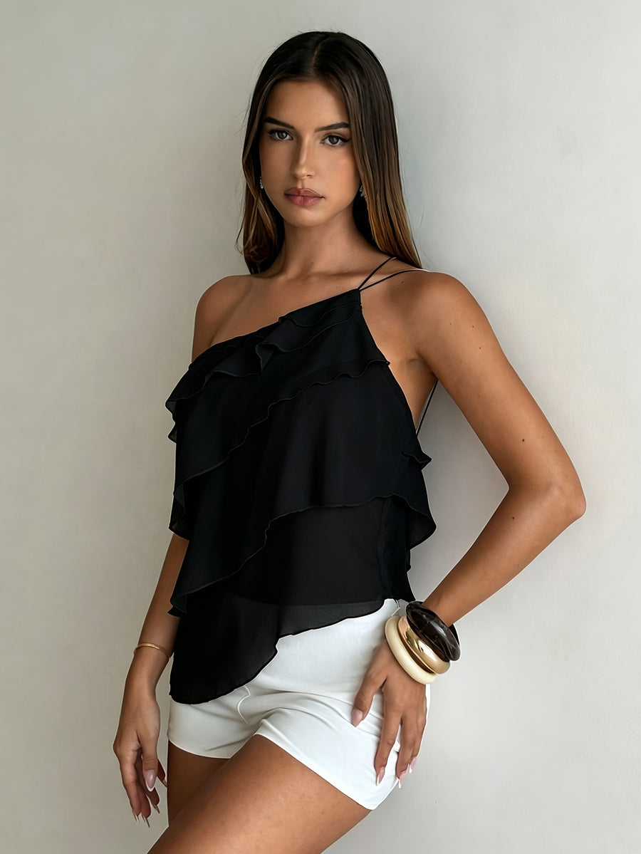 New Women's Spring/Summer Elegant Pink Chiffon One-Shoulder Spaghetti Strap Backless Layered Ruffle Top, Suitable for Weddings, Elegant and Romantic Valentine's Day Wedding Season - Black