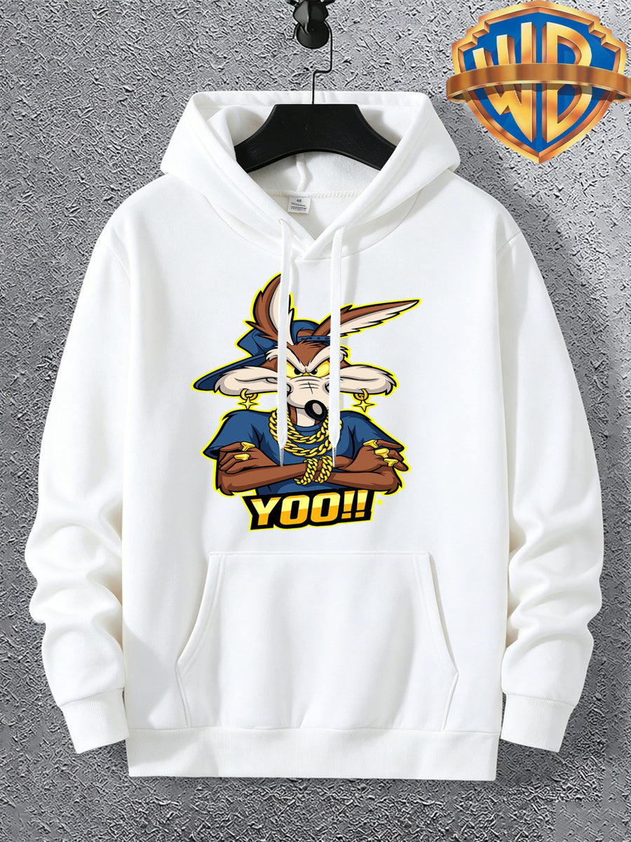 Warner Licensed Men'S Autumn Hooded Sweatshirt, Reinforced Ribbed Cuffs, Breathable Polyester Fabric, Hip-Hop Street Style Distorted Heart Wolf Pattern, Suitable for Retro Hip-Hop Outfits, Urban Trendy Men, Practical Kangaroo Pouch - White