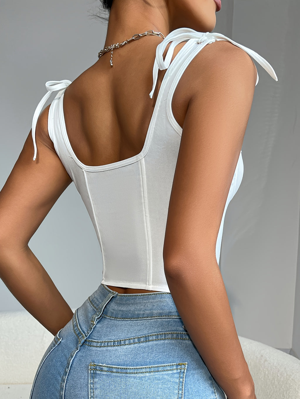 Fashionable and Versatile Solid-color Drawstring Slim-fit Women's Bodysuit, V-neck with Cut-out Back Design, Women's Outerwear Camisole - White