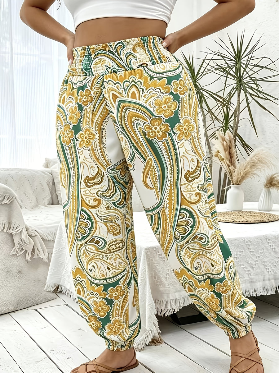 Vacation Full Body Printed High-Waist Elastic Waist Fashion Long Pants - Suit 9