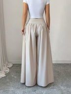 Women's Spring/Summer Waist-Cinching Long Wide-Leg Pants with Pockets, Size 25 - Apricot