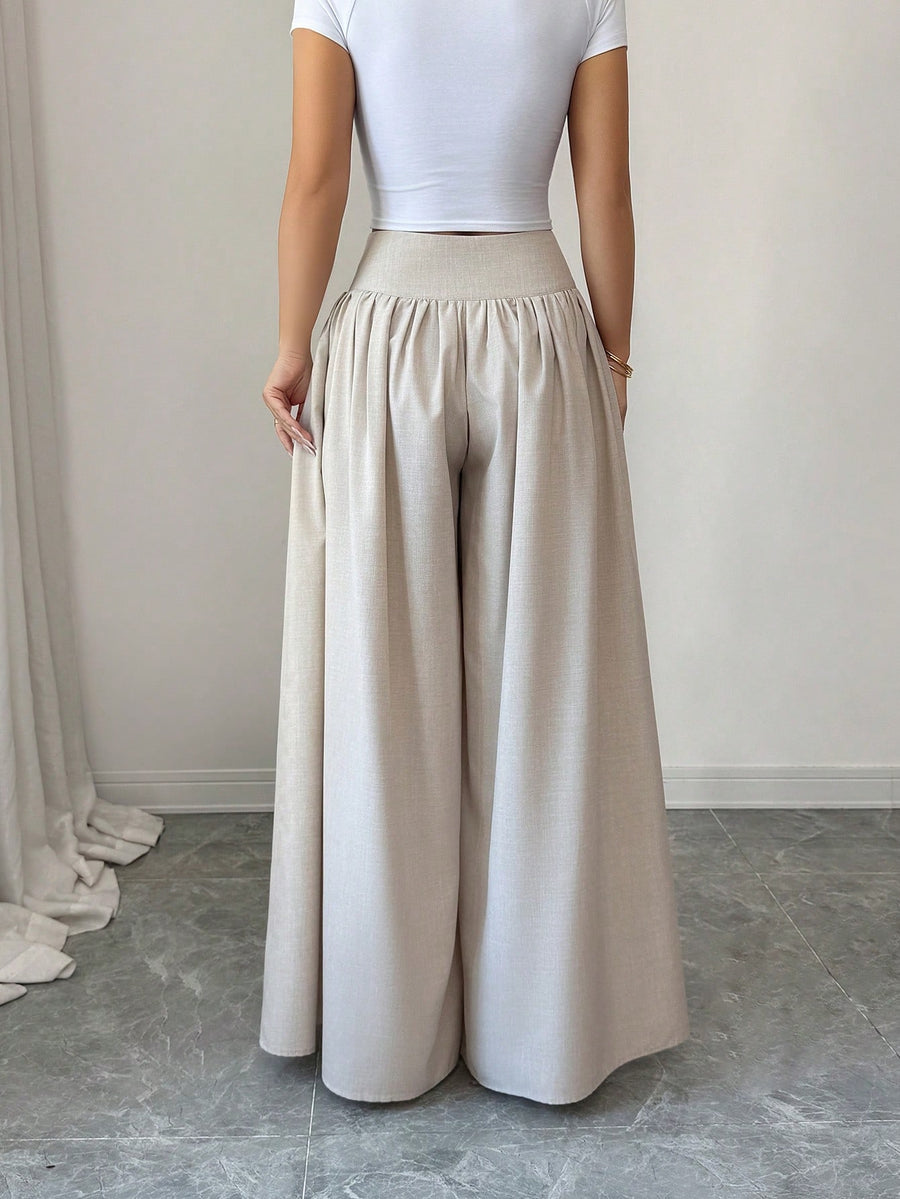 Women's Spring/Summer Waist-Cinching Long Wide-Leg Pants with Pockets, Size 25 - Apricot