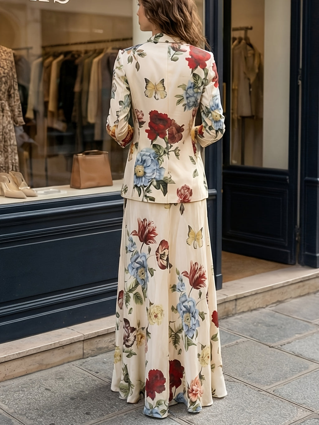 2026 Fashion New Vintage Court Style Floral Print Suit Jacket And Oversized Umbrella Skirt Two-Piece Set - Multicolor