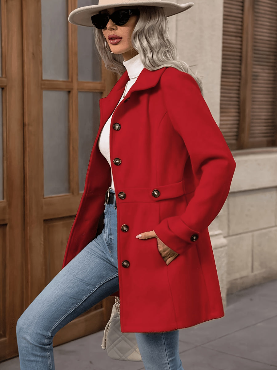 Fashion Women'S Elegant Tweed Coat Trendy Mid-Length Solid Color New Autumn Winter Coat - Red