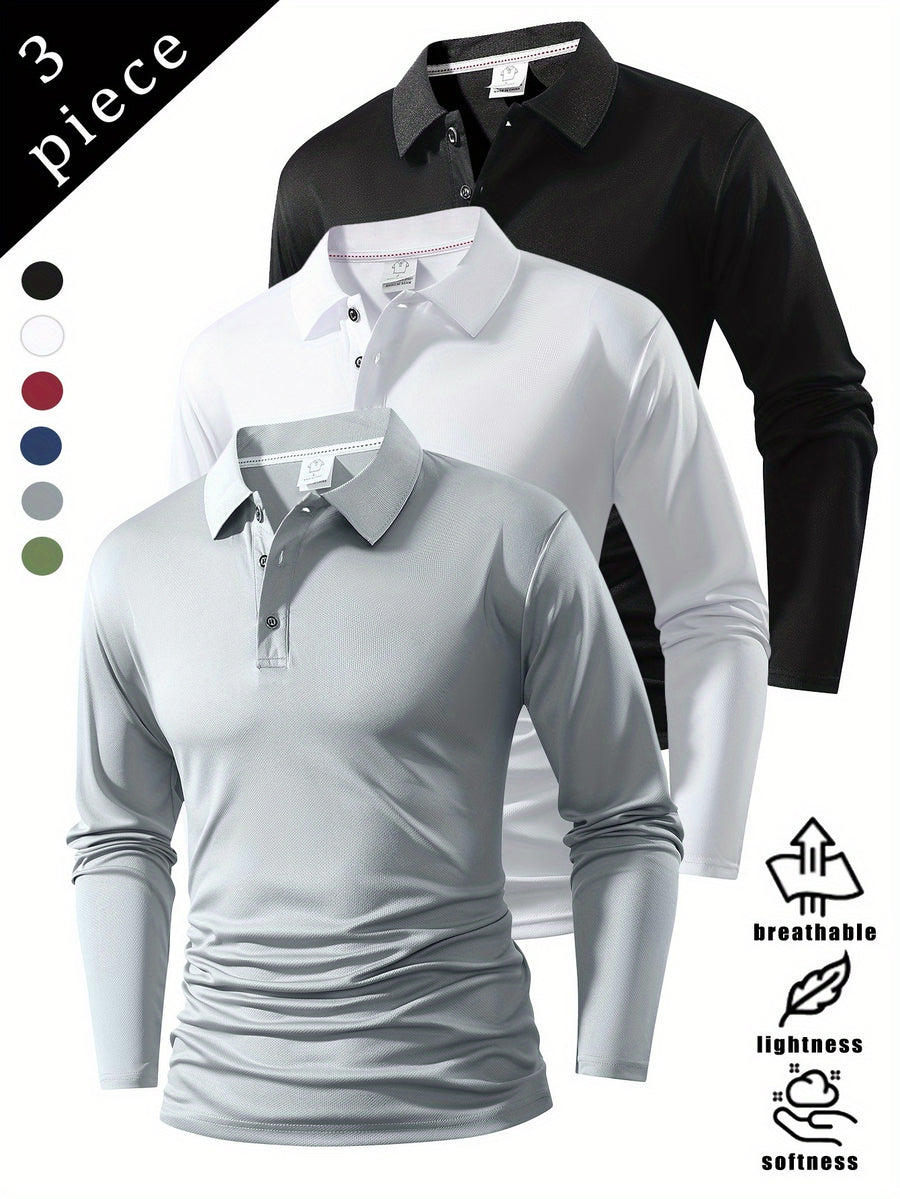 Spring And Autumn Explosive Value Three-Piece POLO Collar Long-Sleeved Top for Men, Stylish, Easy And Versatile, Solid Color Design, Multi-Color Optional Sports And Casual, Soft And Comfortable, Jumper, 220G/Square Meter Fabric Weight - Black White Gray