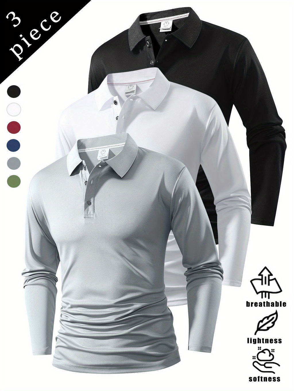 Spring And Autumn Explosive Value Three-Piece POLO Collar Long-Sleeved Top for Men, Stylish, Easy And Versatile, Solid Color Design, Multi-Color Optional Sports And Casual, Soft And Comfortable, Jumper, 220G/Square Meter Fabric Weight - Black White Gray