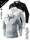 Spring And Autumn Explosive Value Three-Piece POLO Collar Long-Sleeved Top for Men, Stylish, Easy And Versatile, Solid Color Design, Multi-Color Optional Sports And Casual, Soft And Comfortable, Jumper, 220G/Square Meter Fabric Weight - Black White Gray
