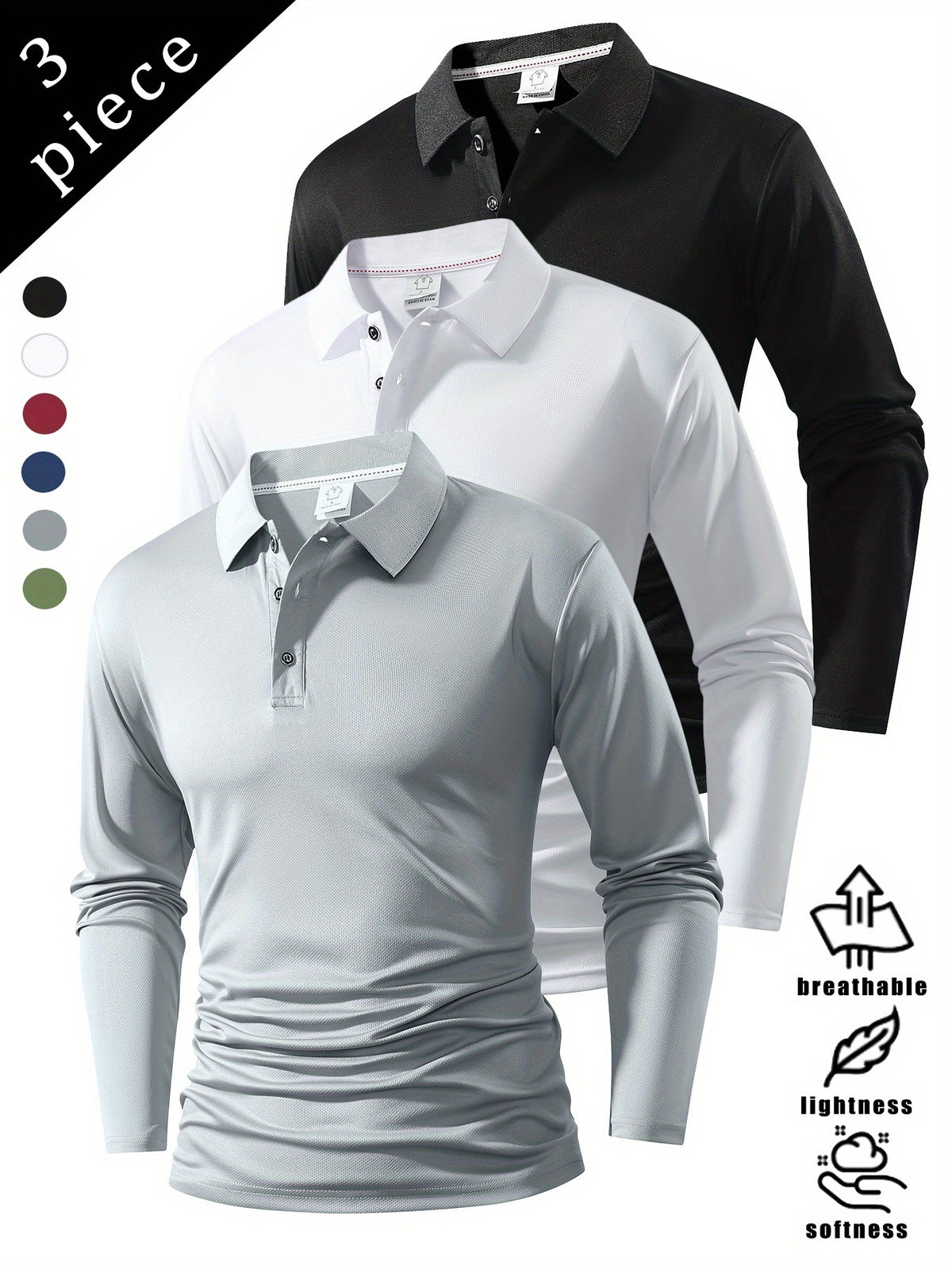 Spring And Autumn Explosive Value Three-Piece POLO Collar Long-Sleeved Top for Men, Stylish, Easy And Versatile, Solid Color Design, Multi-Color Optional Sports And Casual, Soft And Comfortable, Jumper, 220G/Square Meter Fabric Weight - Black White Gray