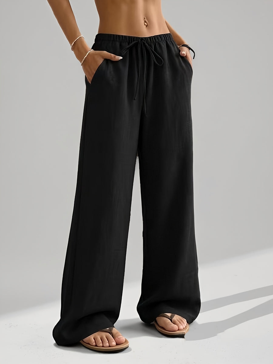 Summer Women'S Casual All-Match Straight Trousers with Elastic Waist And Fake Drawstring Design, Loose Comfortable Wide-Leg Pants Suitable for All Seasons, Outdoor Running And Athletic Long Pants - Black