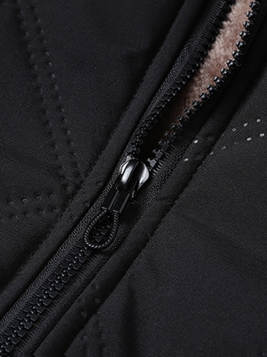 New Autumn/Winter Men's Diamond Stitch Hooded Padded Coat, Plush -Lined Thickened Outerwear, Outdoor Hiking Cold-Proof Warm Windproof Zipper Pocket Padded Coat - Black