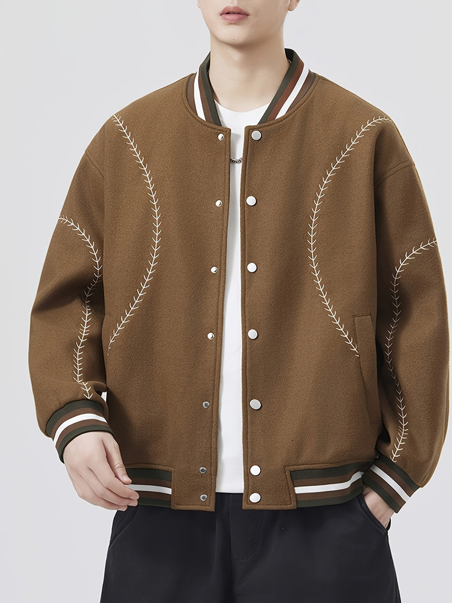 [Villa Le Water OBM] 2026 New American Street Color-Block Baseball Jacket Men'S Autumn Trendy Brand Design Embroidered Couple Coat Preppy Style Casual Top - Coffee Color