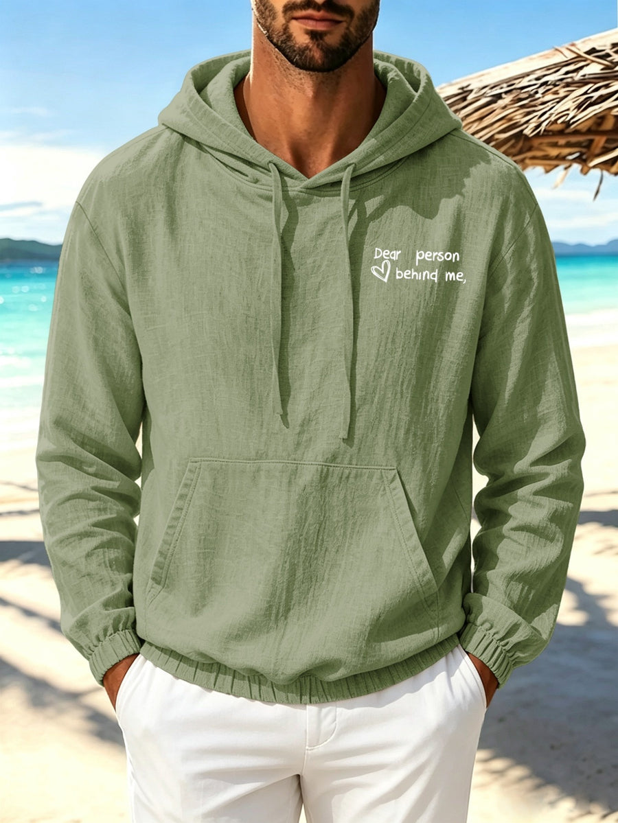 Men'S Autumn New Linen Print Hooded Drawstring Thin Loose Pocket Sweatshirt Comfortable Daily Commute Sports Fitness Casual Vacation Street Trendy Classic Style Literary Long Sleeve Hooded Top - Military Green