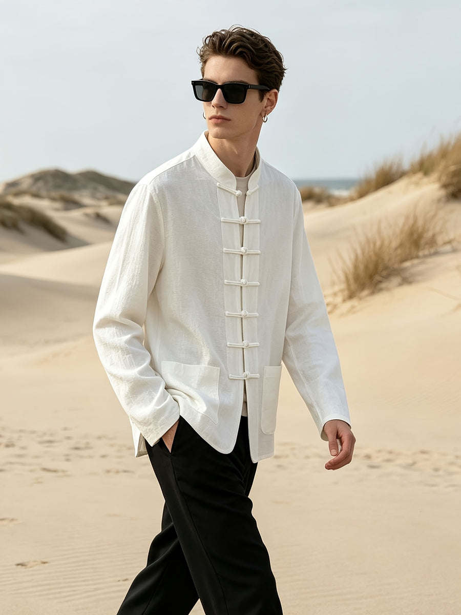 Men'S Clothing Novel Shirt Spring Autumn Men'S Chinese Style Button-Up Top Fashion Casual All-Match - 20356-T03 white