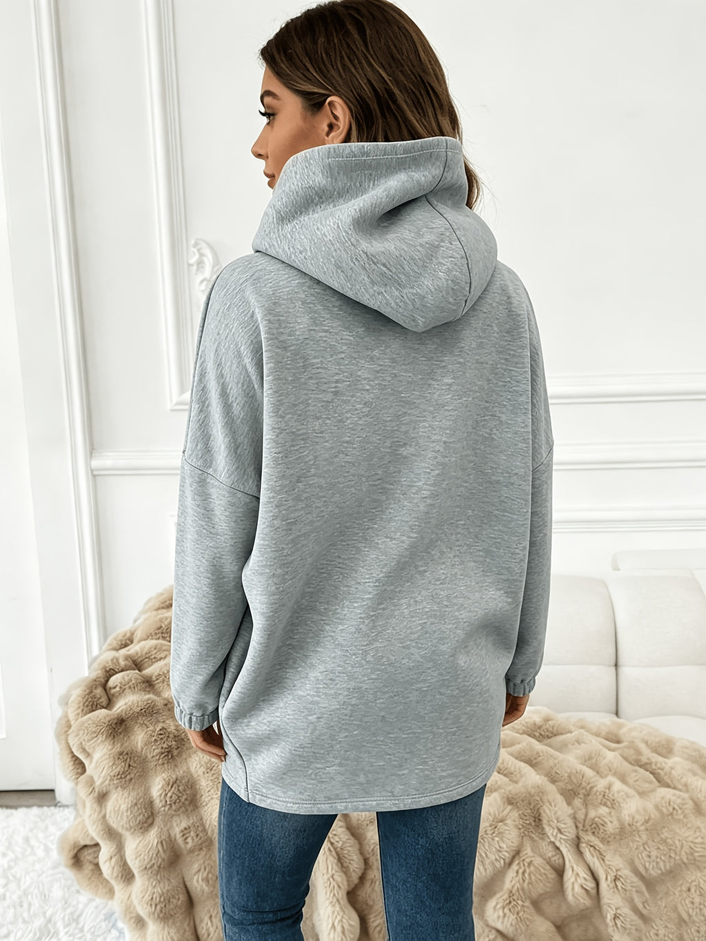 Women's Loose-Fit Long Hooded Casual Sweatshirt, Asymmetrical Diagonal Zip Wrap Style, Elastic Cuffed Sleeves, Curved Slit Hem Soft Long Pullover for Home, Commuting, and Outings - Light Grey