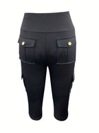 Women's Short Capri Pants, Cropped Fitted High-Waist 4-Pocket Cargo Work Pants, Summer Bermuda Capri Pants, Cycling Capri Pants, Women's Cropped Leggings, Women's Caution Capri Pants - Black