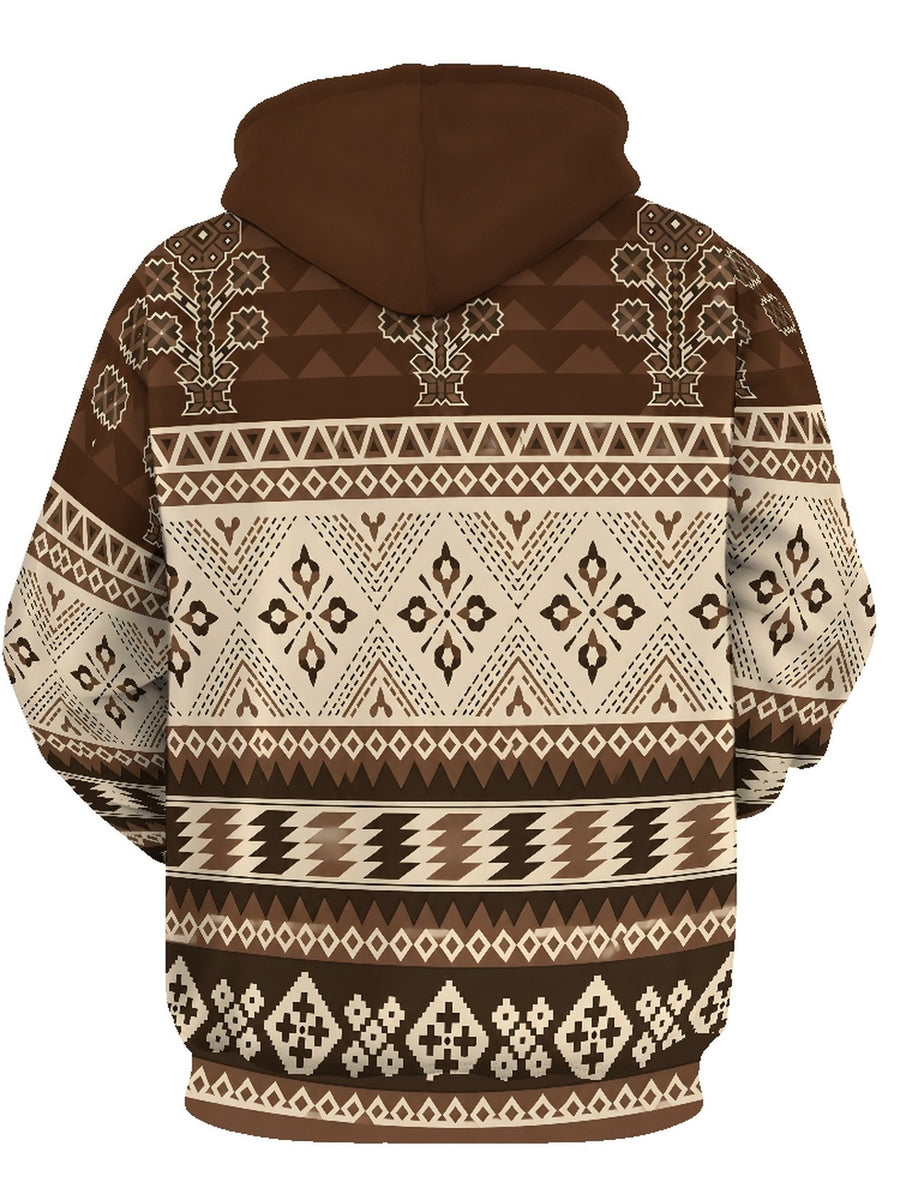 Men'S Long Sleeve Pullover Hoodie, Brown Beige All Over Ethnic Geometric Pattern, Digital Print, Drawstring Hood, Ribbed Cuffs Hem, Polyester, Retro Casual, Daily Wear Weekend Leisure, Spring Autumn - Mixed colors