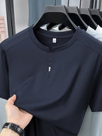 Men'S New Short Sleeve Easy Loose Commute All-Match Round Neck Top Short Sleeve T-Shirt Summer Cool Top Middle-Aged Dad Round Neck T-Shirt Business Casual Men'S Fashion Comfortable Multi-Color Short Sleeve T-Shirt LSL-26235 - Navy Color