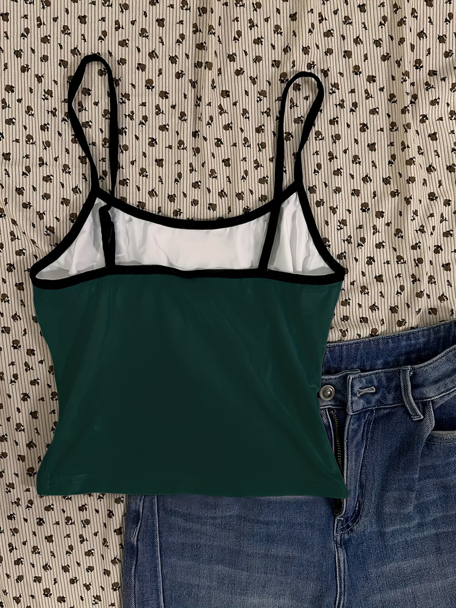 Casual and Simple Spaghetti Strap Tank Top with Skull, Cat, and Music Festival Prints, Perfect for Summer Vacations - Green