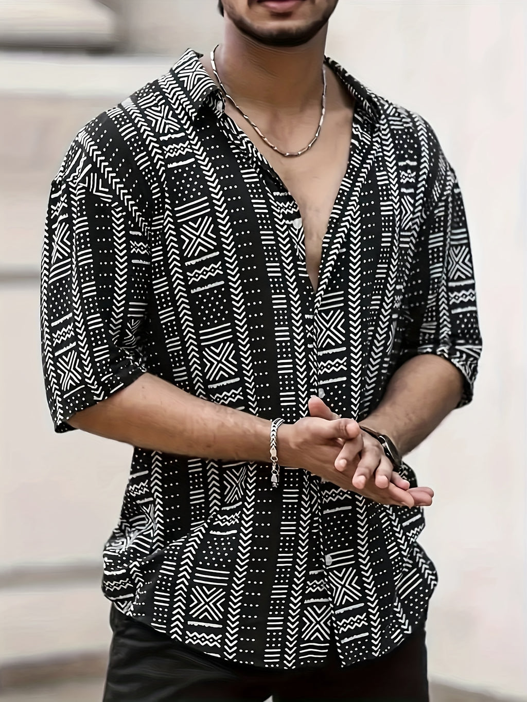 Men's Ethnic Print Shirt, Suitable for Vacation Scenes, Comfortable Polyester Fabric - Mixed colors