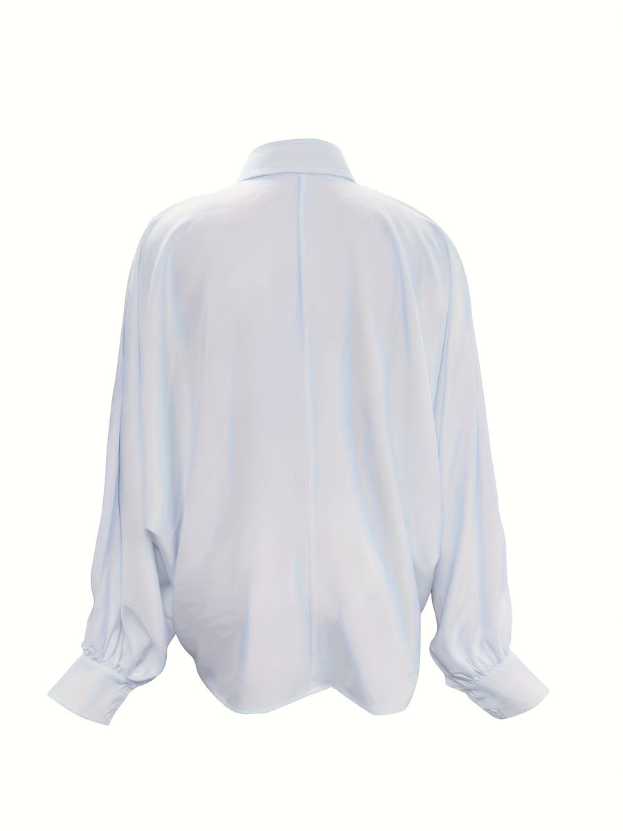 Women'S Elegant Lapel Lantern Sleeve Button-Up Batwing Shirt, Oversized Solid Color Fashion Versatile All-Season Top - White