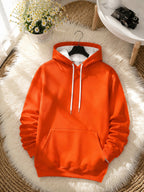 Men's Long Sleeve Pullover Hoodie, Solid Orange, Digital Print, Drawstring Hood, Kangaroo Pocket, Ribbed Cuffs and Hem, Casual Style, Daily Wear, Weekend Leisure, Polyester, Spring and Fall - Mixed colors