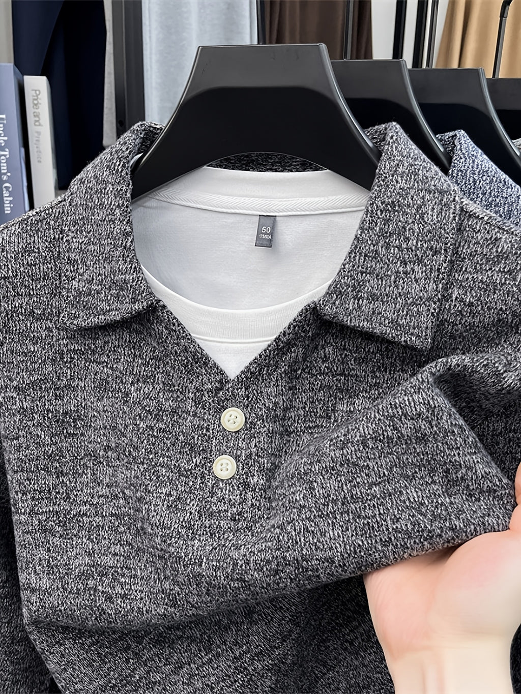 New Autumn/Winter Men's Pullover, Faux 2pcs Long Sleeve Lapel Knit Sweater, Geometric Pattern Men's Button-Up Sweater, Business Casual Fashion Versatile Solid Color Men's Top, Suitable for Daily Outings in Spring and Autumn, Men's Gift, First Choice - Black Gray