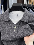 New Autumn/Winter Men's Pullover, Faux 2pcs Long Sleeve Lapel Knit Sweater, Geometric Pattern Men's Button-Up Sweater, Business Casual Fashion Versatile Solid Color Men's Top, Suitable for Daily Outings in Spring and Autumn, Men's Gift, First Choice - Black Gray