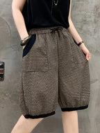Women's Summer Plaid Casual Pants with Elastic Waist, Loose Fit, Effect, and Contrast Color Five-Point Shorts - Black