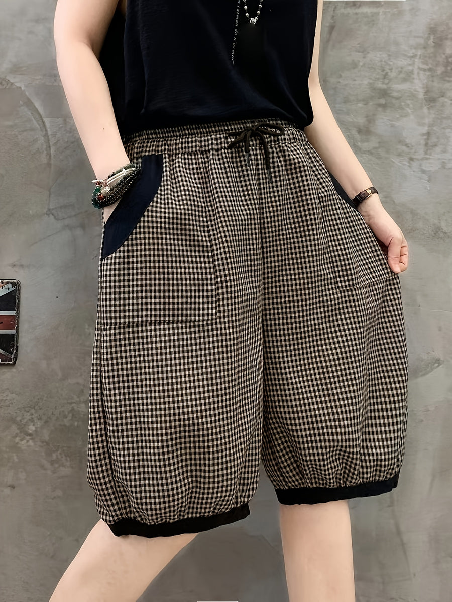 Women's Summer Plaid Casual Pants with Elastic Waist, Loose Fit, Effect, and Contrast Color Five-Point Shorts - Black