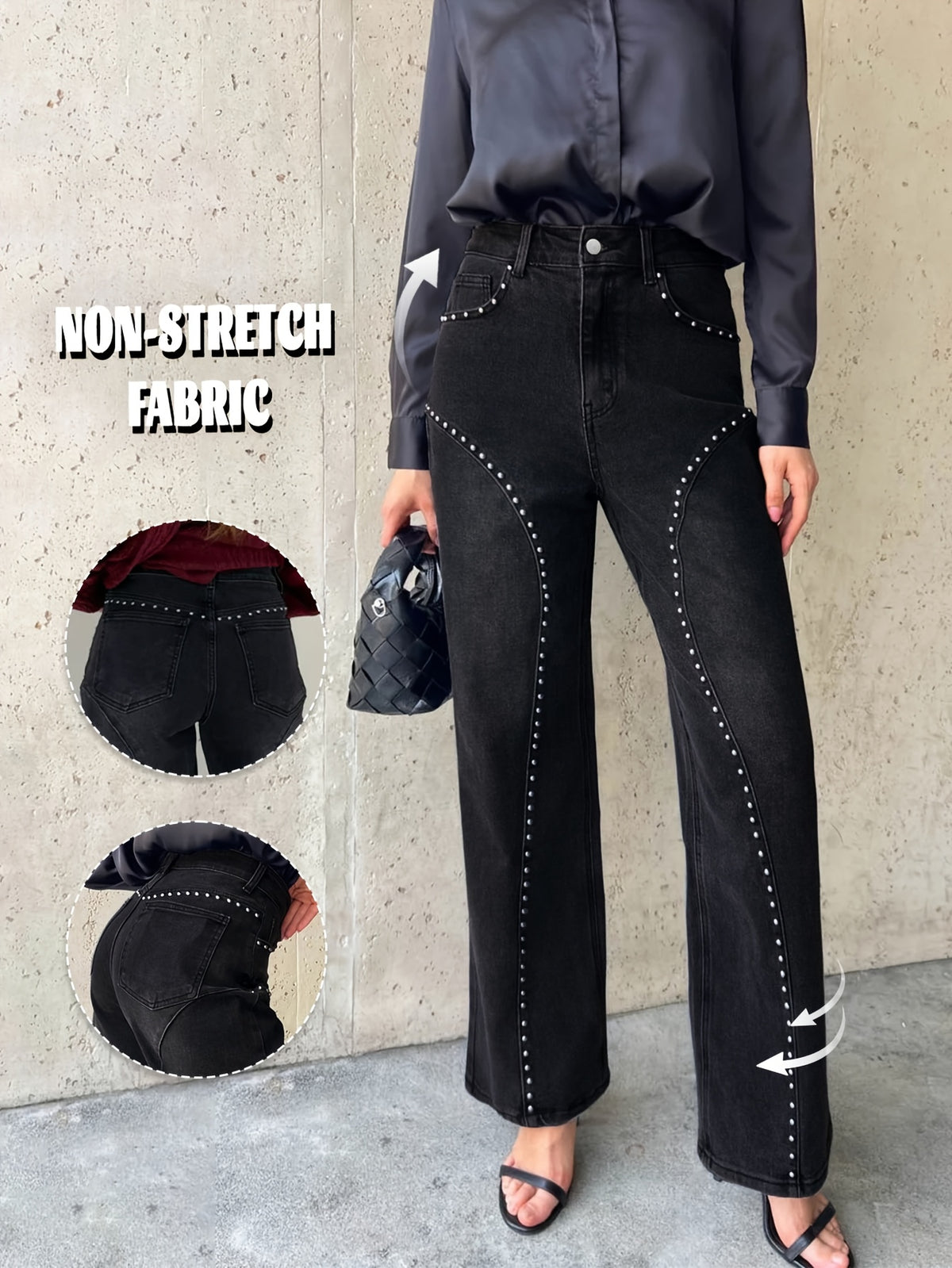 GILIPUR Women's High Waisted Wide Leg Jeans, Solid Black with Studded Trim, Relaxed Flattering Fit – Elegant Office Commute Denim Pants - Black