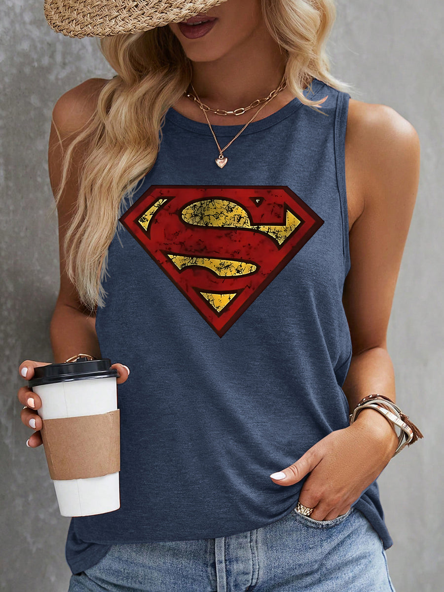 Women's Elegant Tank Top with Superman Vintage Logo Print, Soft Stretchy Round Neck Casual Vintage Style Top, Warner Bros., Suitable for Daily and Vacation Wear in Spring, Summer, and Autumn, Sizes S-XXL, Fashionable and Breathable Design - Royal Blue
