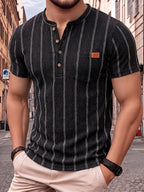 Men'S Fashion Top, Spring Summer Outdoor Casual Textured Striped Wrinkle-Look Fabric, Henley Collar Single Button Patchwork Short Sleeve Men'S Henley Shirt - Black